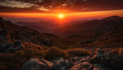 Tranquil sunset over majestic mountain range, a nature adventure awaits generated by AI