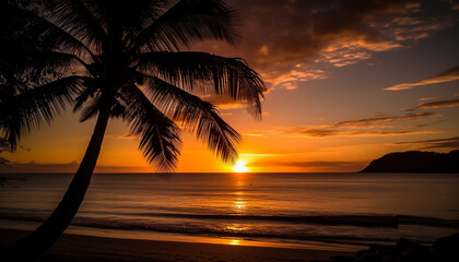 Golden horizon over tranquil waters, palm trees silhouette against sunset generated by AI