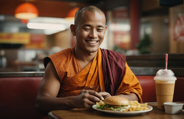 buddhist monk eating hamburger in fast food restaurant