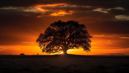 Fototapeta na wymiar Tranquil sunset silhouette, nature beauty in orange and yellow sky generated by AI
