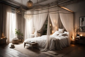 a romantic bedroom with a canopy bed and sheer curtains. - obrazy, fototapety, plakaty