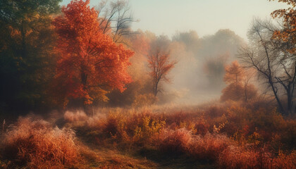 Tranquil autumn forest, mysterious fog, vibrant multi colored landscape beauty generated by AI
