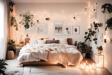 a bedroom adorned with love-themed wall art and soft lighting.