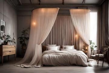 Fototapeta premium a romantic bedroom with a canopy bed and sheer curtains.