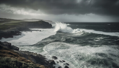 Fototapeta premium Dramatic sky over majestic coastline, waves crashing in awe inspiring beauty generated by AI
