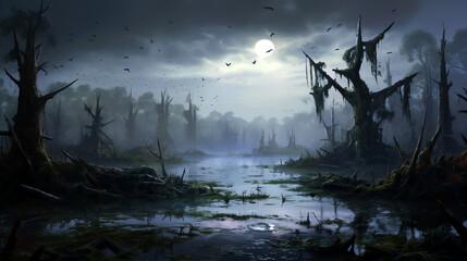 misty morning in the haunted forest swamp with lake - obrazy, fototapety, plakaty