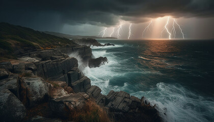 Obraz premium The majestic coastline at dusk, a seascape of beauty in nature generated by AI