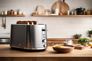Fototapeta na wymiar A smart toaster set against a backdrop of a natural wood countertop.