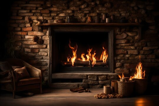 a cozy image of a fireplace with a crackling fire.