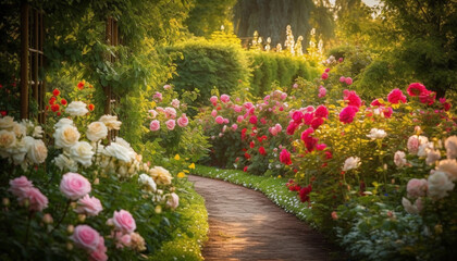 Vibrant tulip blossom in formal garden, surrounded by green foliage generated by AI