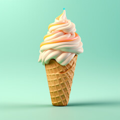 Cono de helado con sirope de vainilla sobre fondo turquesa - obrazy, fototapety, plakaty