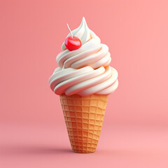 Cono de helado de fresa co cereza sobre fondo rosa