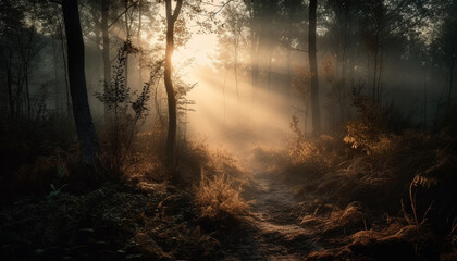 Fototapeta premium Tranquil forest scene with misty mystery and autumn beauty generated by AI