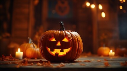 Dark interior of the house decorated for Halloween pumpkins