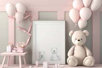 frame mockup in light pink children's room with table, chairs, soft toys, and balloons. Generative AI