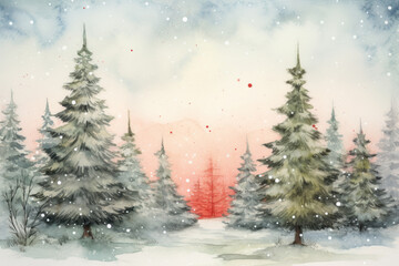 Fototapeta premium watercolour illustration of a colorful snowy christmas forest snow December cottage core in a painted textured style with pine trees for cards/journal/stationary design hand drawn look