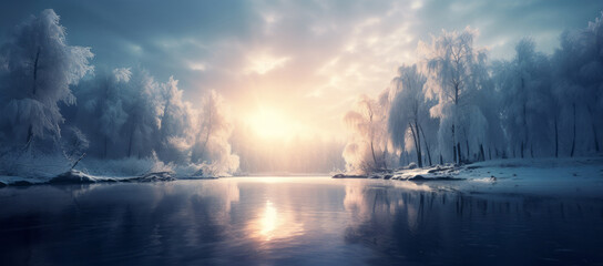 Cold season outdoors landscape, a lake surrounded by frost trees in a forest covered with ice and...