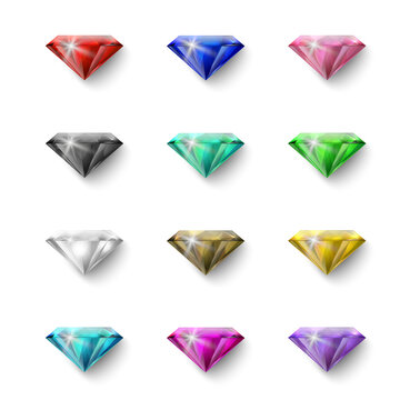 Vector 3d Realistic Colorful Gemstone Icons Set. Multicolored Diamond, Crystal, Rhinestones Closeup Isolated. Jewerly Concept. Design Template of Gemstones, Gem Clipart. Top View