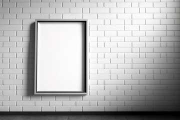 Mock-up of an empty frame in a simple room with a white brick wall. Generative AI