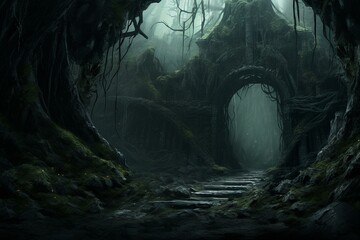 A mysterious gateway to dangerous woods, hidden within misty mountain cave, surrounded by cursed dead trees. Generative AI