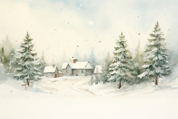 watercolour illustration of a colorful snowy christmas forest snow December cottage core in a painted textured style with little houses trees for cards/journal/stationary design hand drawn look