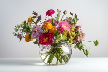 A lovely arrangement of flowers in a vase over a plain white backdrop. Generative AI