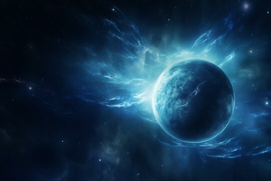 Celestial body resembling Neptune, captivating space backdrop. Generative AI © Kellen