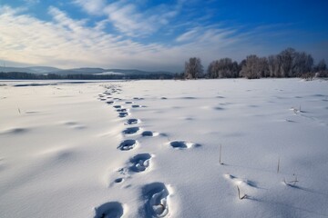 Footprints left in the snowy field. Generative AI