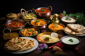 Indian cuisine variety including curry, butter chicken, palak paneer, tikka, biryani, papad, dal, saffron rice, and naan bread. Generative AI