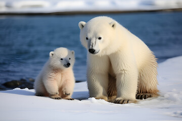A mother and daughter of fluffy polar bears on ice living in the North Pole