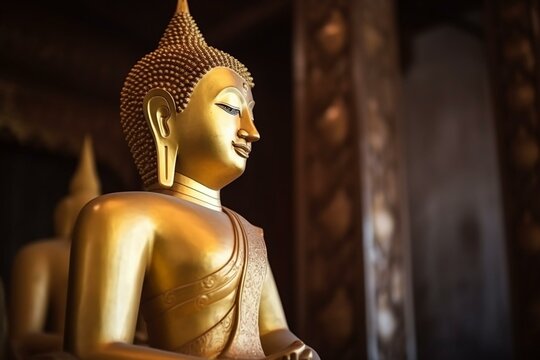 Statue of Buddha in Wat temple, a stunning temple in Thailand's historical park. Generative AI