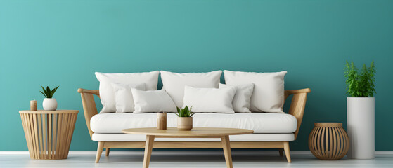 Modern Scandinavian interior living room with turquoise wall and wooden table with plant - Generative AI