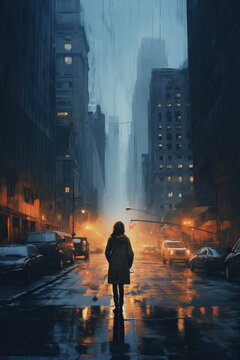 silhouette of a woman walking through a sci-fi futuristic neon light street in big city with skyscrapers in the rain gloomy foggy dark in textured pencil hand drawn color block sketch illustration