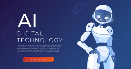 Cartoon character robot woman. AI Content Generator. Chatbot technology. Technology and engineering concept. AI chat bot based on artificial intelligence and neural networks. Online web banner.