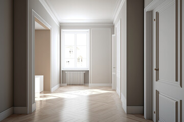 White Ceiling, Light Glossy Parquet, Plinth, Window, and White Door in an empty beige interior room. Interior Design Idea. A perspective. with a Window Work Path. Generative AI