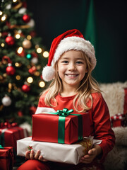 Portrait of beautiful Christmas smiling happy girl, Santa hat on her curly blond hair.