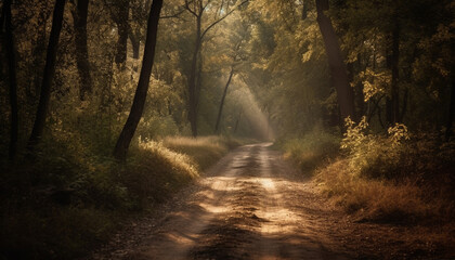 Obraz premium Tranquil autumn forest, mysterious fog, vanishing point on dirt road generated by AI