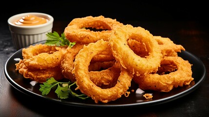 Crispy Beer-Battered Onion Rings with Spicy Dip - obrazy, fototapety, plakaty