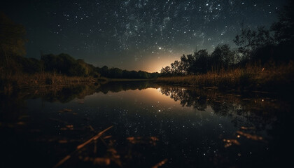 Tranquil scene of dark forest reflects starry Milky Way galaxy generated by AI