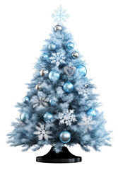 Christmas tree decorated with blue decorations  and blue christmas balls isolated on transparent background, PNG