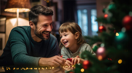 Fototapeta na wymiar Happy father and daughter playing together by christmas tree.
