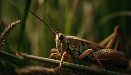 Fototapeta premium Green locust sitting on leaf, macro focus on animal antenna generated by AI