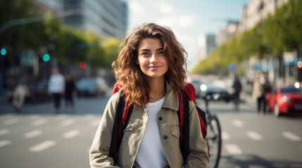 Young attractive woman walking in the city street.