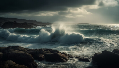 Obraz premium Breaking waves crash against dark cliffs at sunset, awe inspiring beauty generated by AI