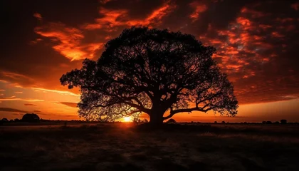 Selbstklebende Fototapeten Silhouette of acacia tree against orange sky in African landscape generated by AI © djvstock