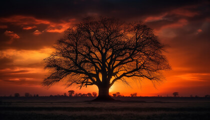 Naklejka premium Silhouette of acacia tree back lit by orange sunset sky generated by AI