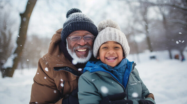 Winter portrait of african american grandfather and his grandson in snowy park.