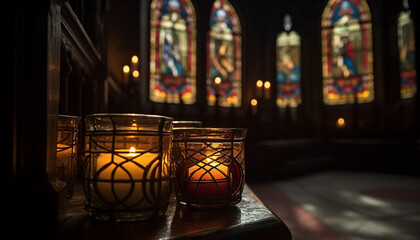 Catholic altar candle burning illuminates stained glass window in chapel generated by AI