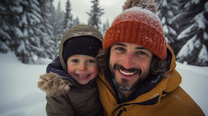 Selfie portrait of happy father and son in winter forest.