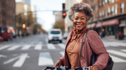 Portrait of active senior woman walking on street with bicycle. - obrazy, fototapety, plakaty